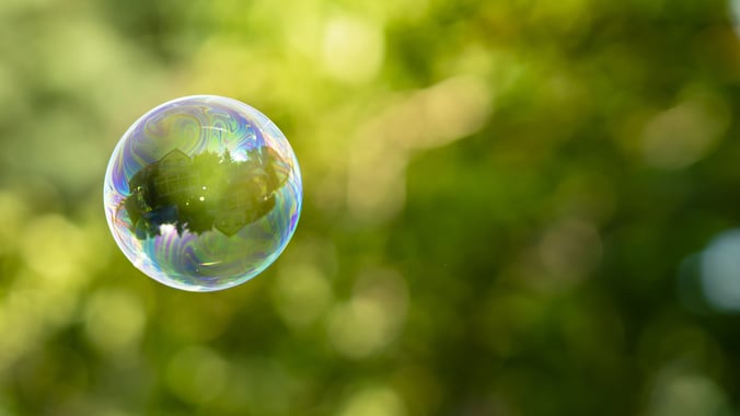 A single bubble, floating against a blurred backdrop of greenery
