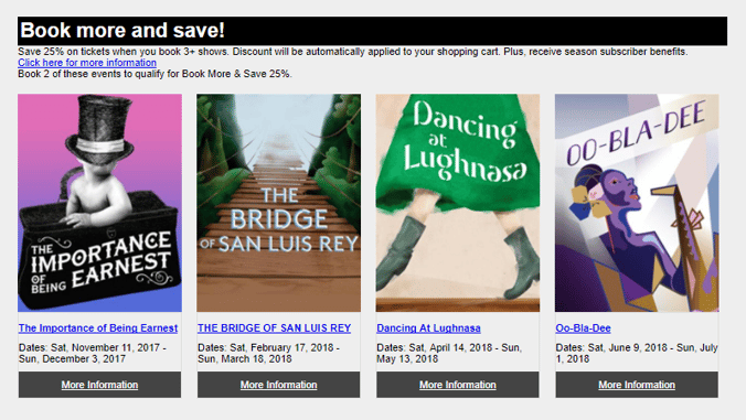 Book more and save! offer promoted across multiple events on a theatre website