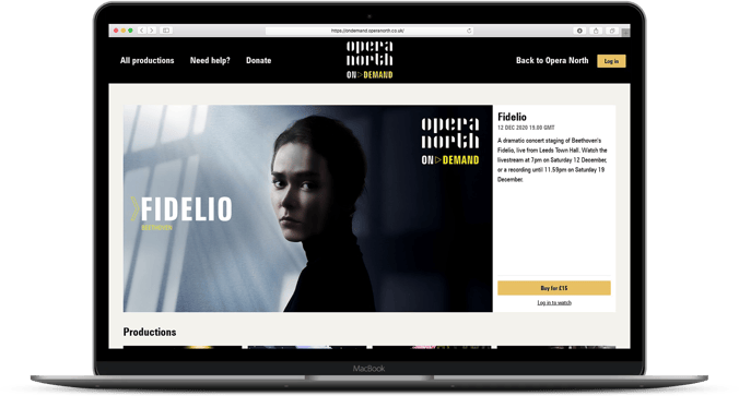 Opera North's website, using showcase to allow customers to pay for and view on online screening of Fidelio
