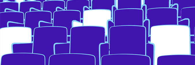 Drawing of theatre seats in blue, with one chair highlighted in white